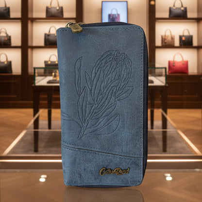 Cotton Road Wallet: Large BLUE PU Leather with PROTEA Design hero