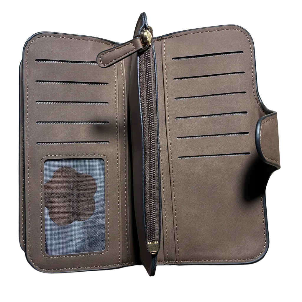 Cotton Road Wallet: Large BROWN 4-FOLD PU Leather Wallet OPEN NOTE POCKET VIEW
