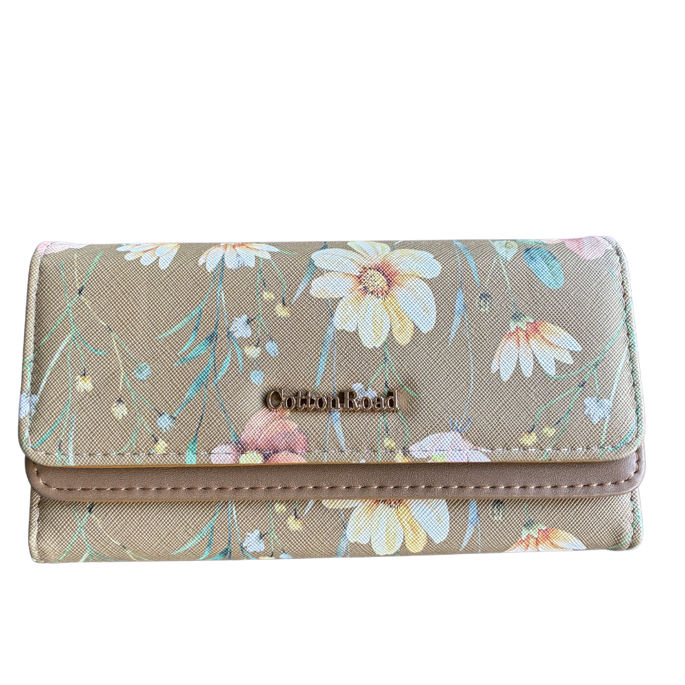 Cotton Road Wallet: Large BROWN FLORAL PU Leather Wallet FRONT
