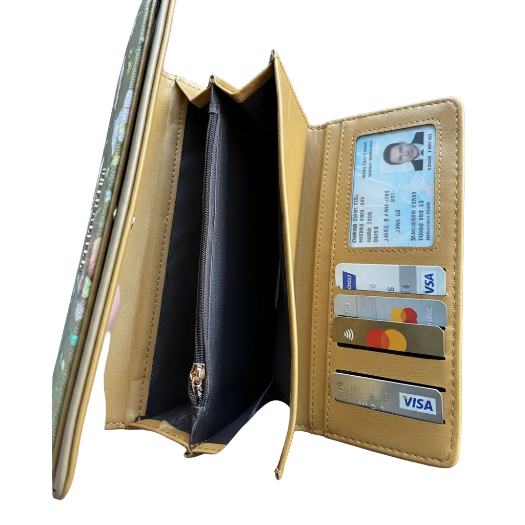 Cotton Road Wallet: Large BROWN FLORAL PU Leather Wallet OPEN COIN POCKET VIEW