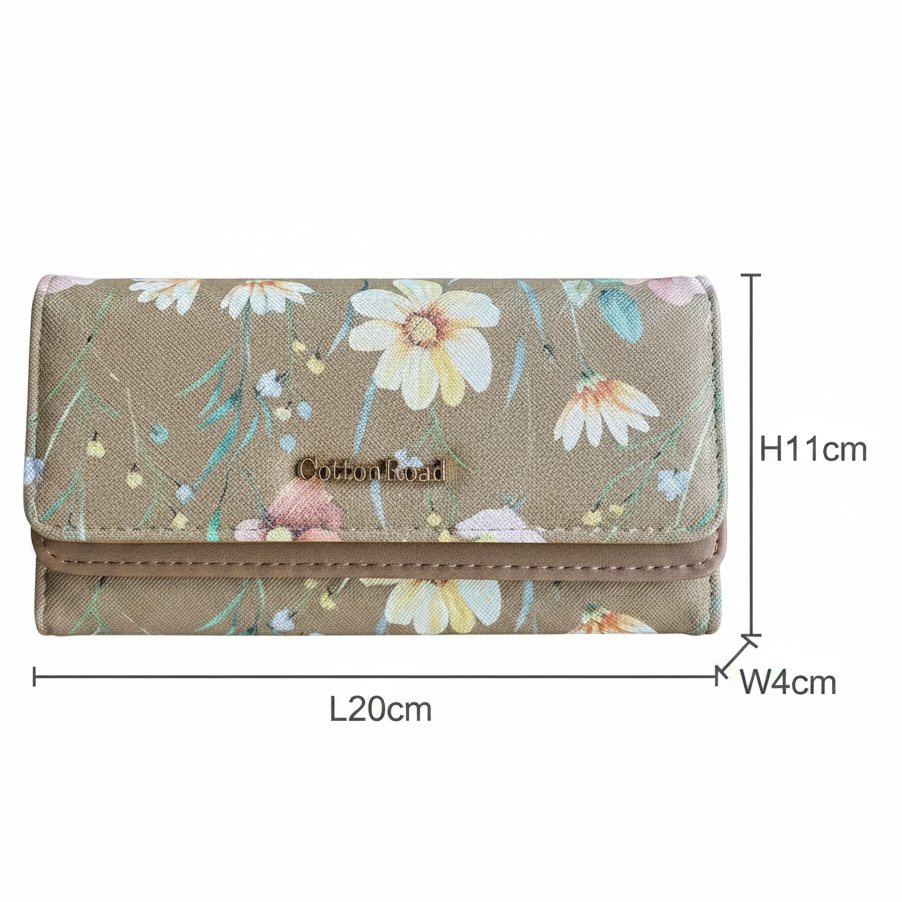 Cotton Road Wallet: Large BROWN FLORAL PU Leather Wallet SIZE