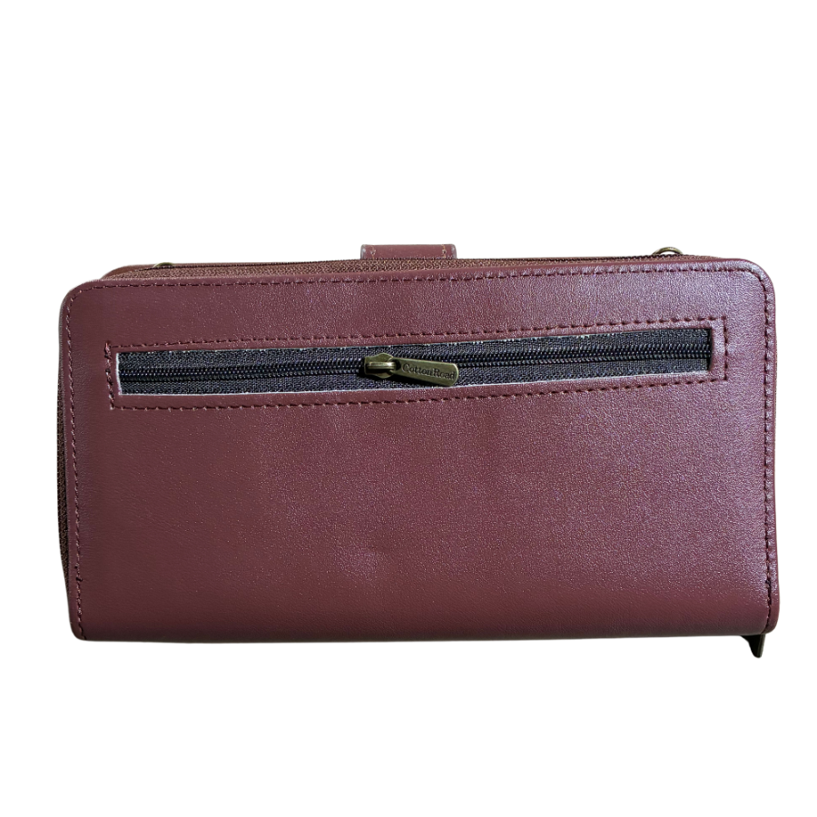 Cotton Road Wallet: Large BROWN PU Leather Cellphone Sling with FLORAL Pocket BACK VIEW