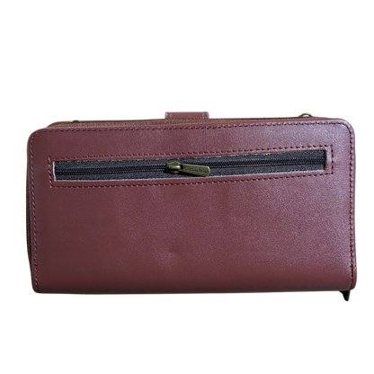 Cotton Road Wallet: Large BROWN PU Leather Cellphone Sling with FLORAL Pocket BACK VIEW