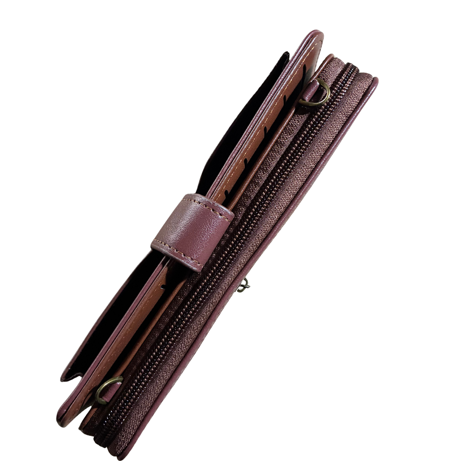 Cotton Road Wallet: Large BROWN PU Leather Cellphone Sling with FLORAL Pocket CLOSED VIEW