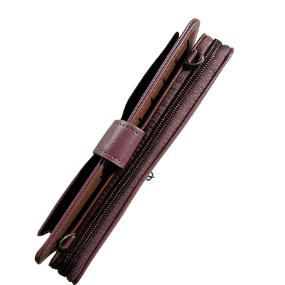 Cotton Road Wallet: Large BROWN PU Leather Cellphone Sling with FLORAL Pocket CLOSED VIEW