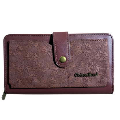 Cotton Road Wallet: Large BROWN PU Leather Cellphone Sling with FLORAL Pocket FRONT VIEW