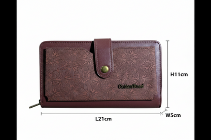 Cotton Road Wallet: Large BROWN PU Leather Cellphone Sling with FLORAL Pocket