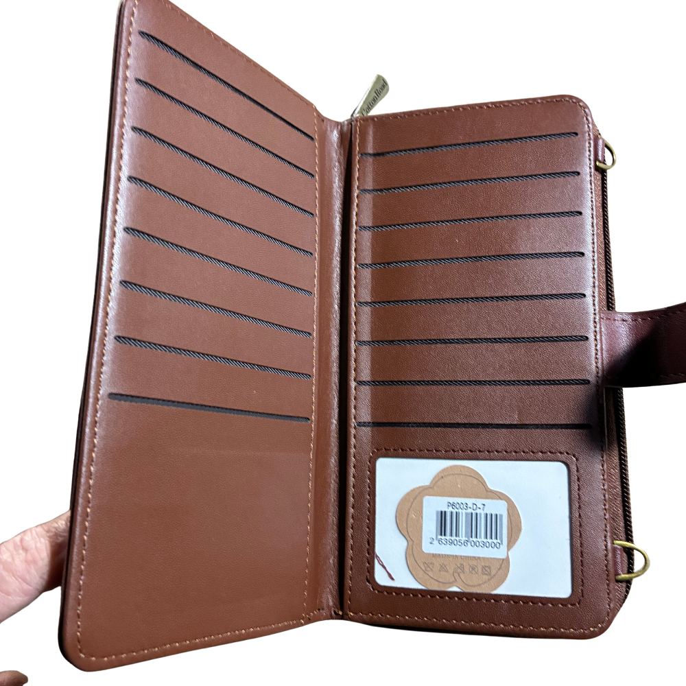 Cotton Road Wallet: Large BROWN PU Leather Cellphone Sling with FLORAL Pocket OPEN AT CARD SECTION