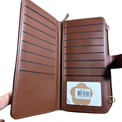 Cotton Road Wallet: Large BROWN PU Leather Cellphone Sling with FLORAL Pocket OPEN AT CARD SECTION