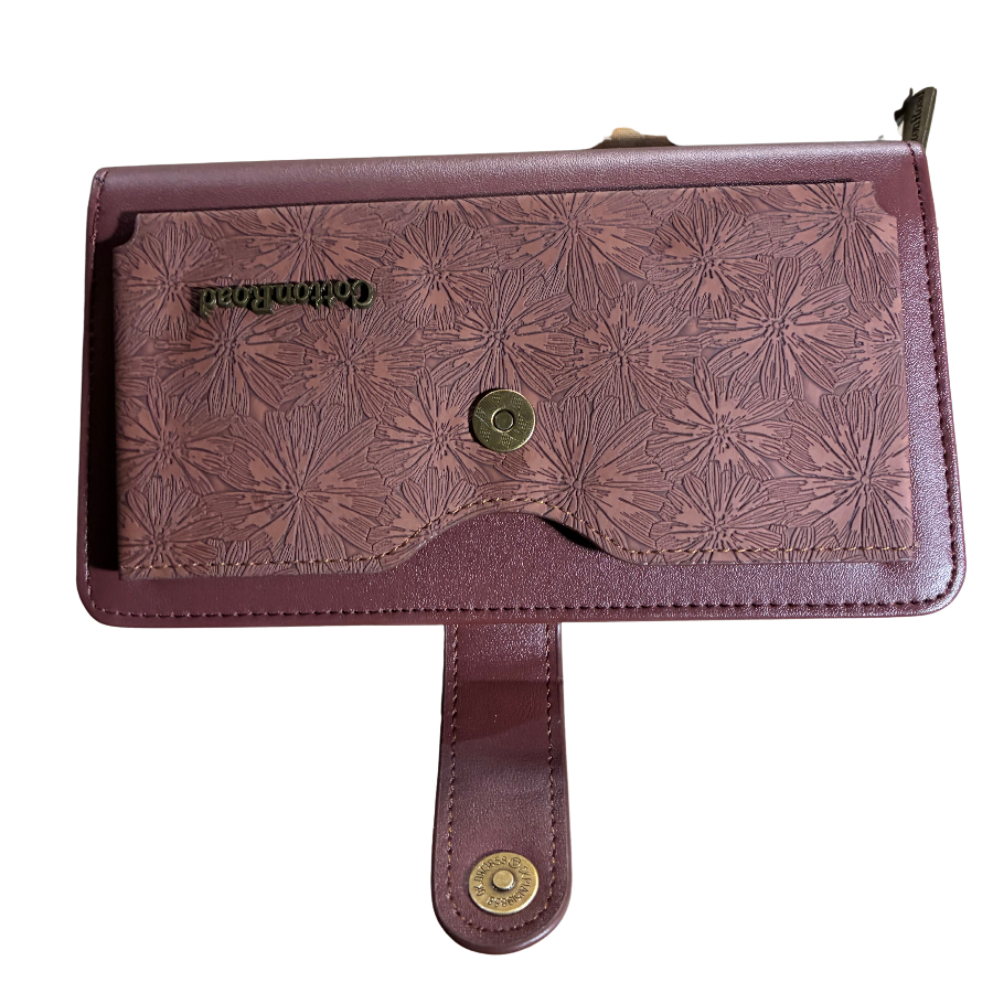 Cotton Road Wallet: Large BROWN PU Leather Cellphone Sling with FLORAL Pocket OPEN CLIP VIEW