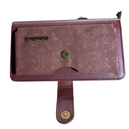 Cotton Road Wallet: Large BROWN PU Leather Cellphone Sling with FLORAL Pocket OPEN CLIP VIEW