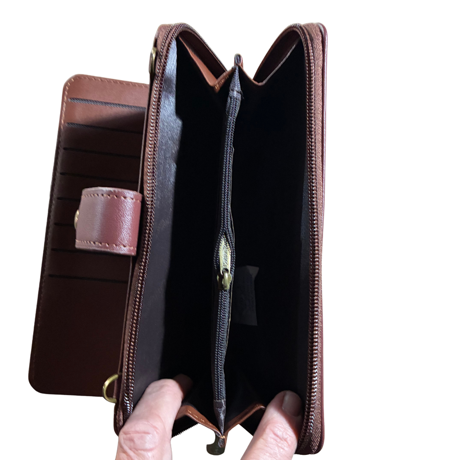Cotton Road Wallet: Large BROWN PU Leather Cellphone Sling with FLORAL Pocket OPEN COIN POCKET VIEW