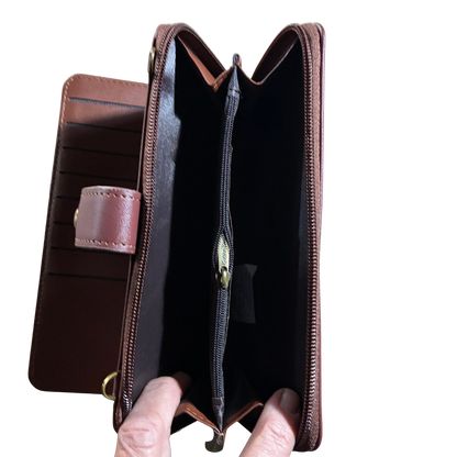Cotton Road Wallet: Large BROWN PU Leather Cellphone Sling with FLORAL Pocket OPEN COIN POCKET VIEW
