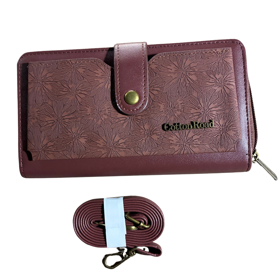 Cotton Road Wallet: Large BROWN PU Leather Cellphone Sling with FLORAL Pocket SET VIEW