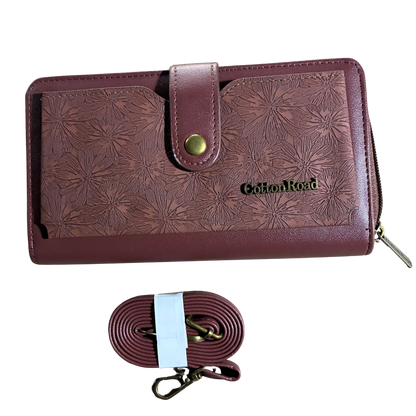 Cotton Road Wallet: Large BROWN PU Leather Cellphone Sling with FLORAL Pocket SET VIEW