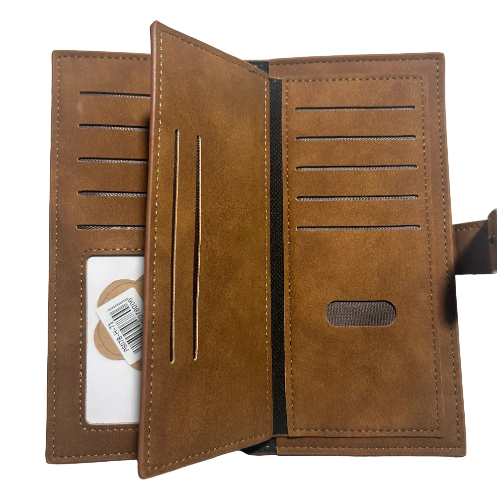 Cotton Road Wallet: Large BROWN PU Leather with Clip OPEN VIEW