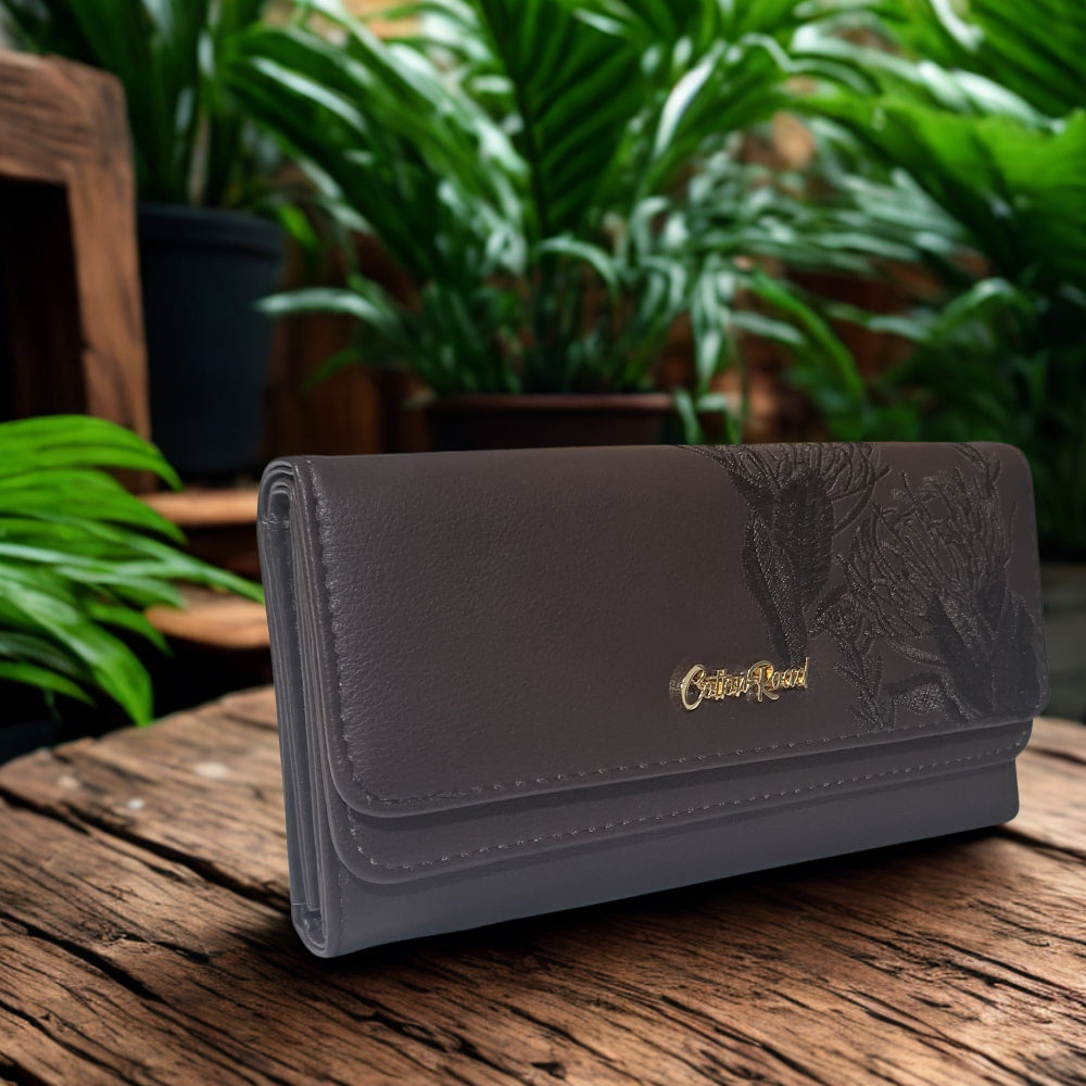 Cotton Road Wallet: Large BROWN PU Leather with EMBROIDERED PROTEAS