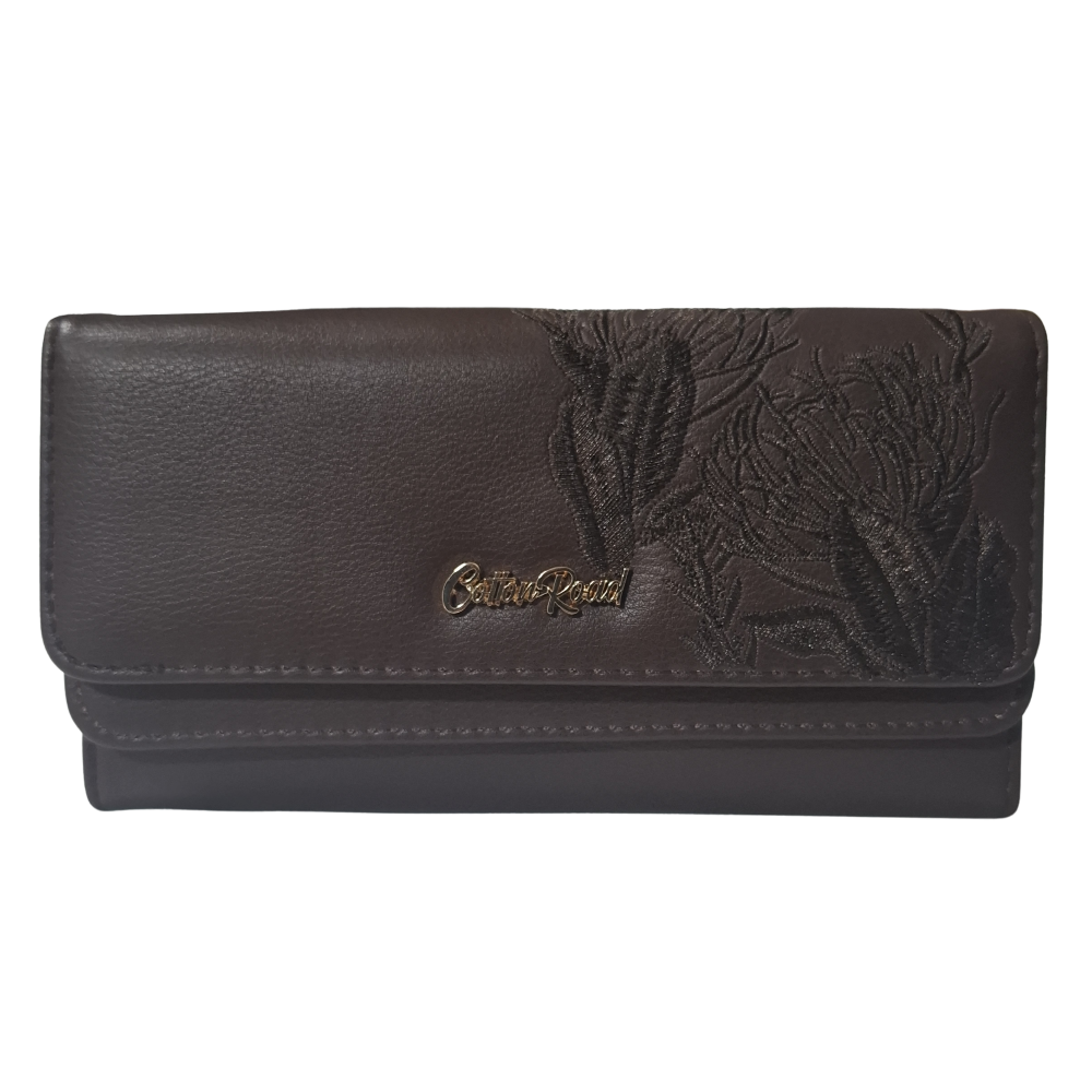 Cotton Road Wallet: Large BROWN PU Leather with EMBROIDERED PROTEAS FRONT