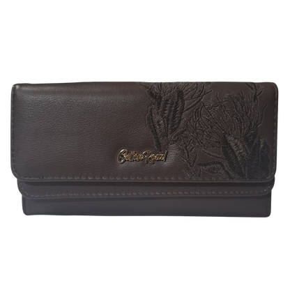 Cotton Road Wallet: Large BROWN PU Leather with EMBROIDERED PROTEAS FRONT