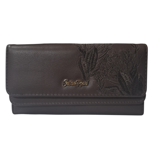 Cotton Road Wallet: Large BROWN PU Leather with EMBROIDERED PROTEAS FRONT