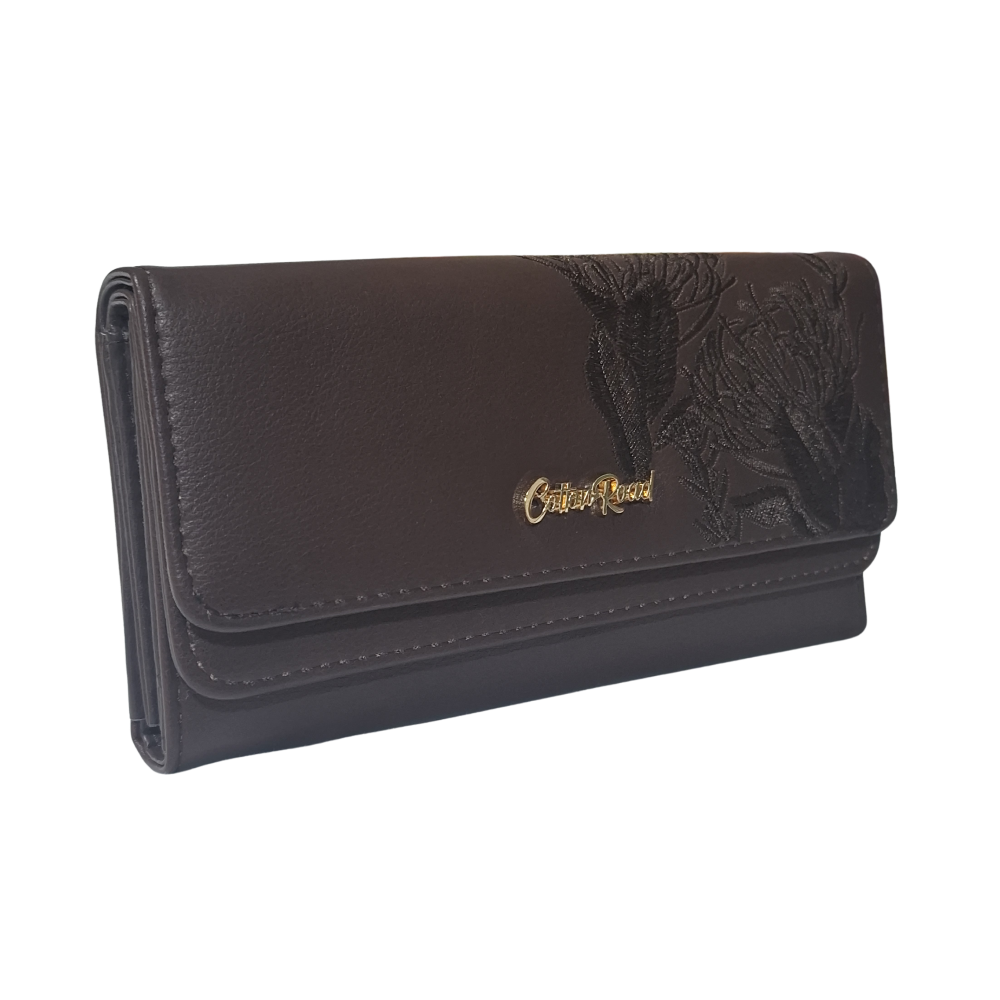 Cotton Road Wallet: Large BROWN PU Leather with EMBROIDERED PROTEAS FRONT VIEW