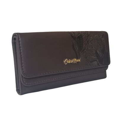Cotton Road Wallet: Large BROWN PU Leather with EMBROIDERED PROTEAS FRONT VIEW
