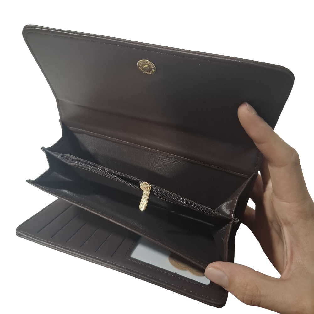 Cotton Road Wallet: Large BROWN PU Leather with EMBROIDERED PROTEAS TOP POCKETS VIEW