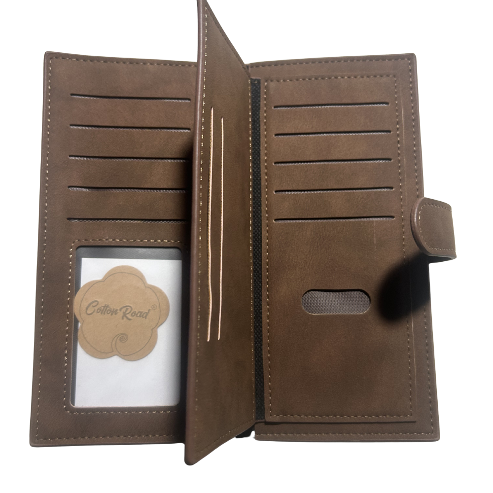Cotton Road Wallet: Large COFFEE BROWN 3 SECTION PU Leather with Clip fold