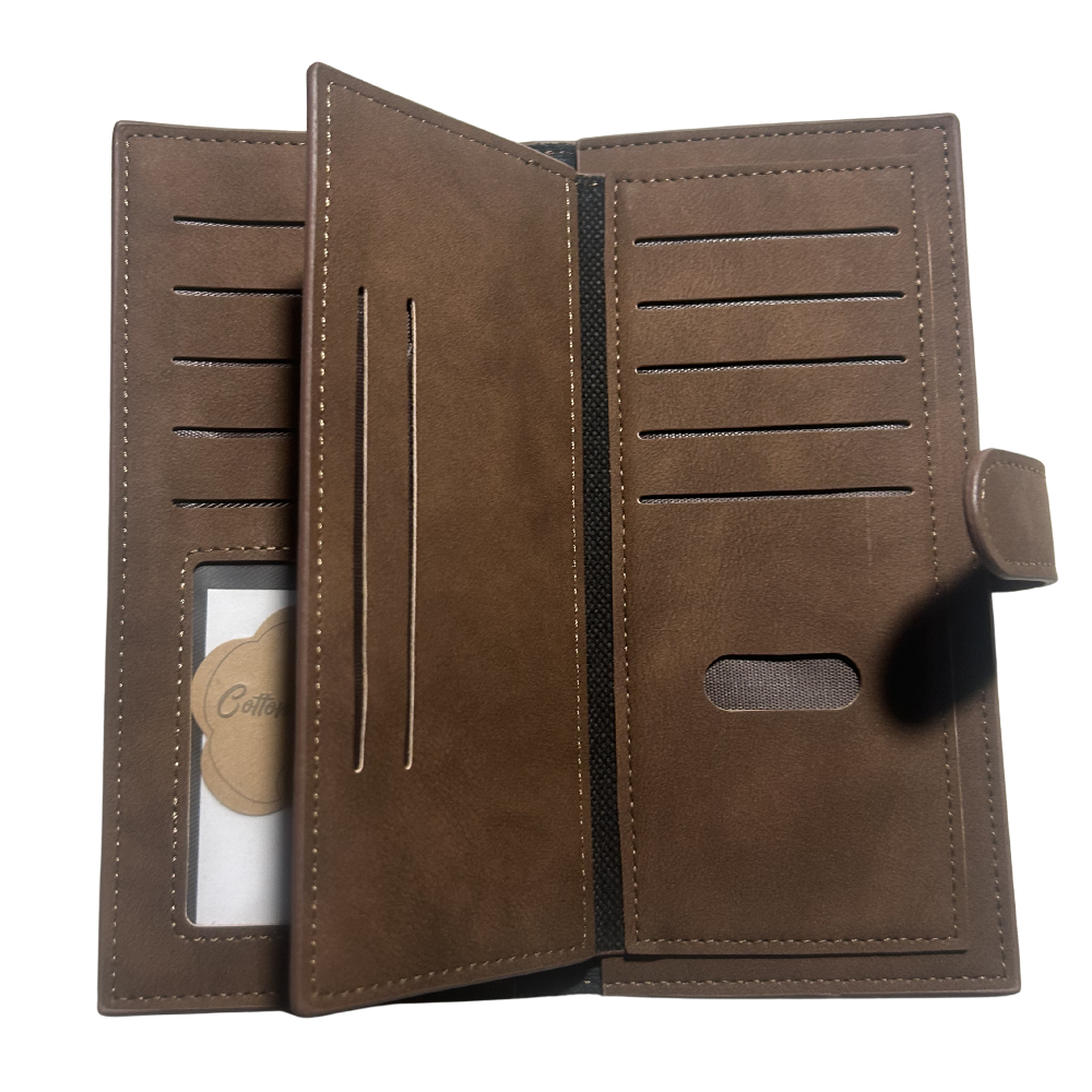 Cotton Road Wallet: Large COFFEE BROWN 3 SECTION PU Leather with Clip loaded