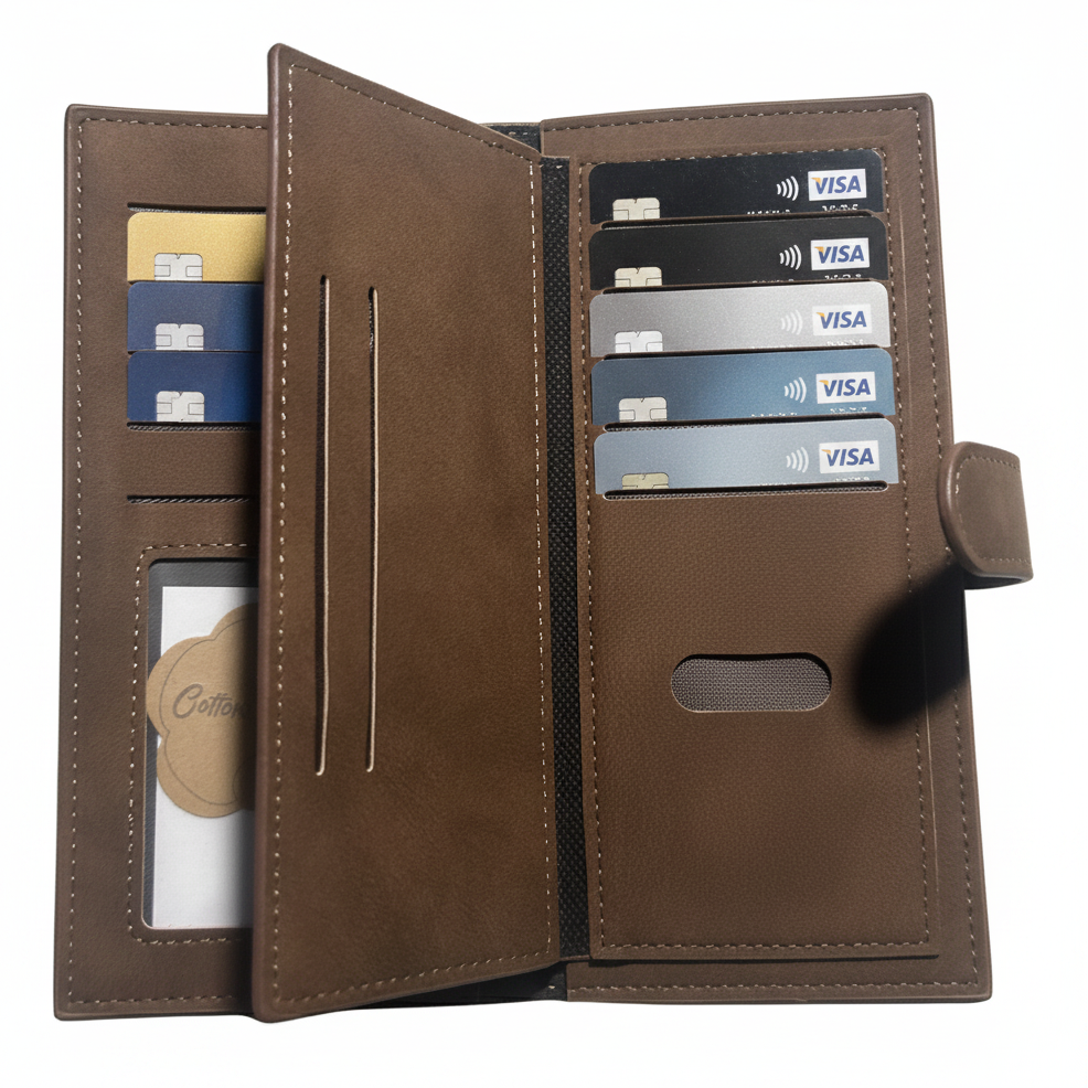 Cotton Road Wallet: Large COFFEE BROWN 3 SECTION PU Leather with Clip loaded with cards