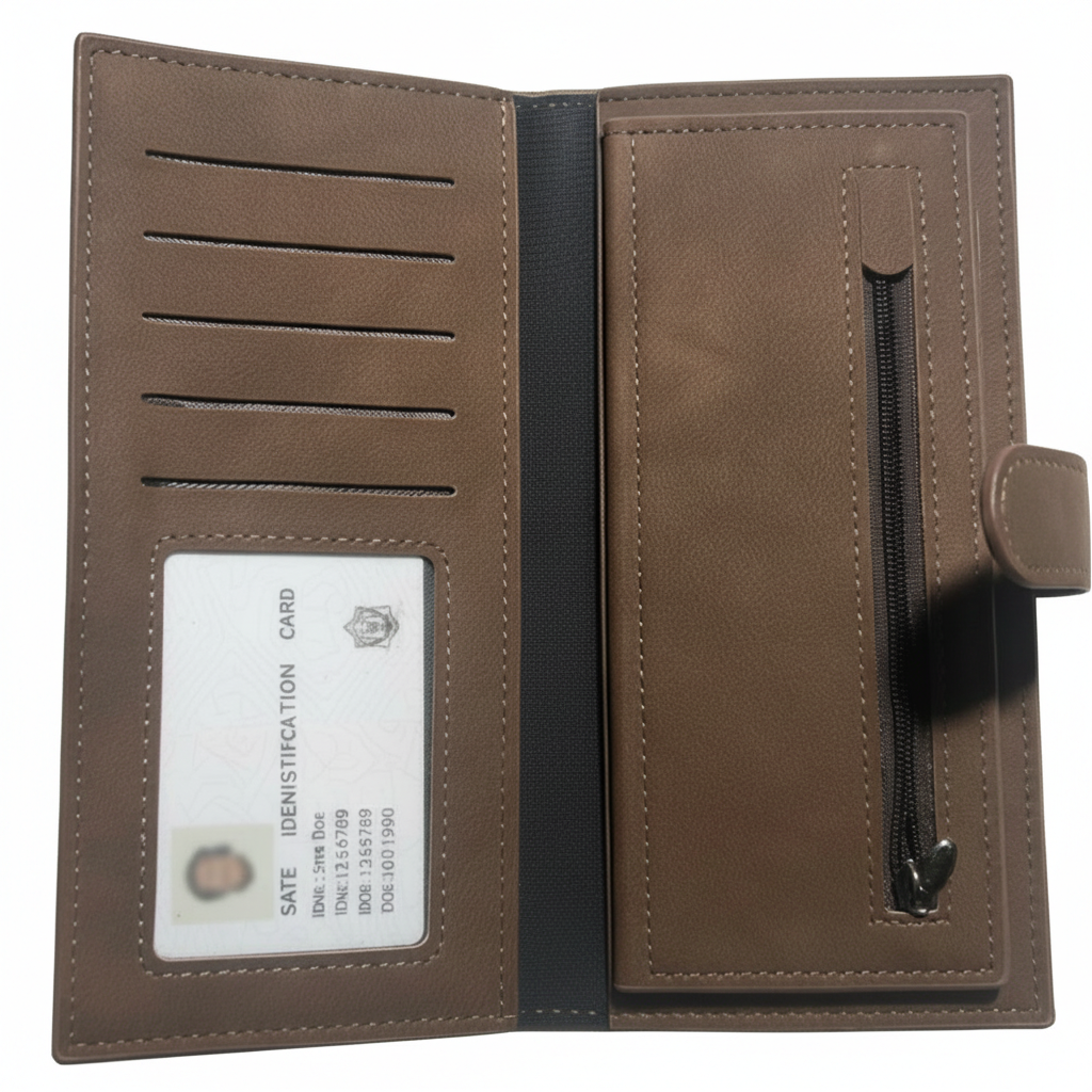 Cotton Road Wallet: Large COFFEE BROWN 3 SECTION PU Leather with Clip open