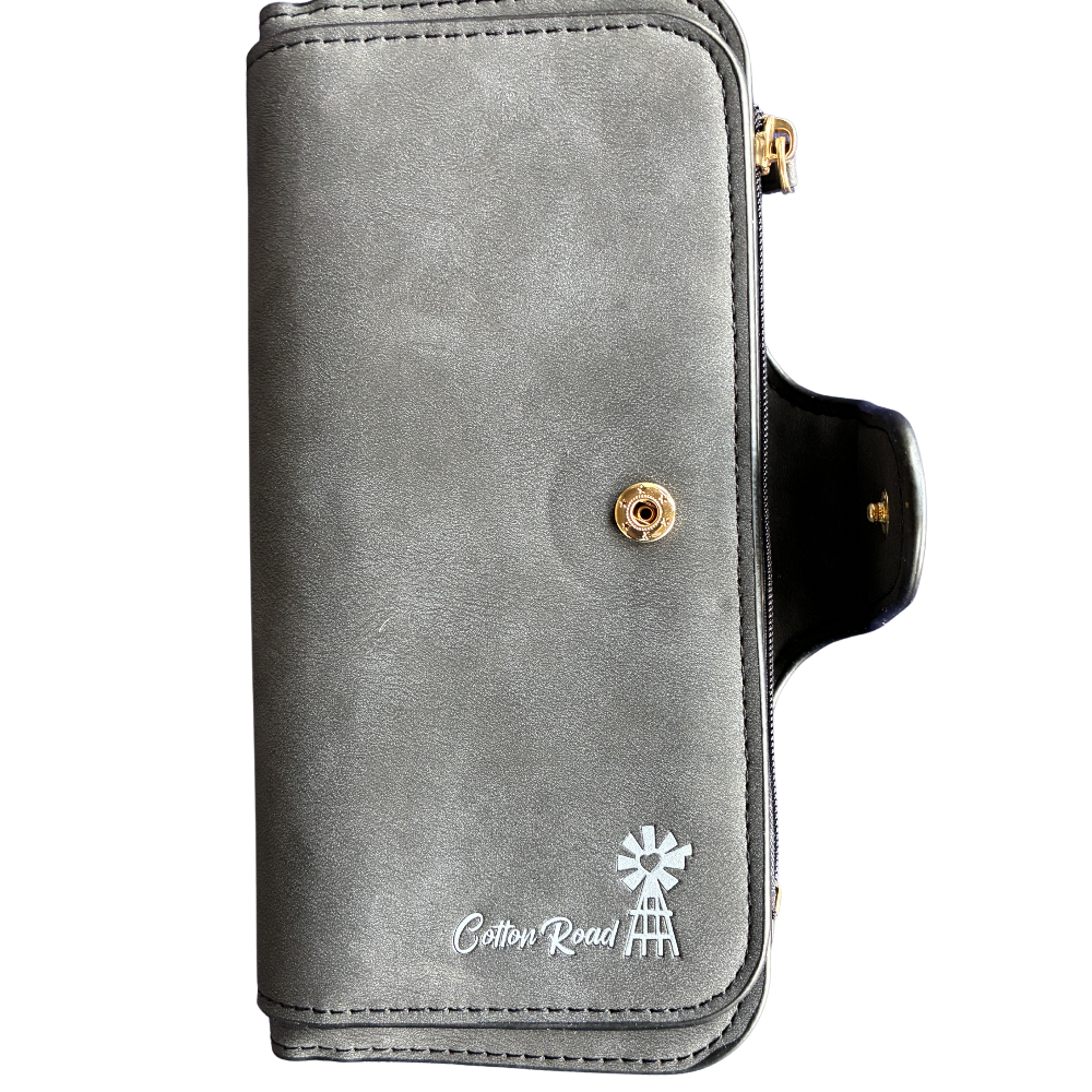 Cotton Road Wallet: Large DARK GREY 4-FOLD PU Leather Wallet with WINDMILL FRONT