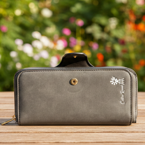Cotton Road Wallet: Large DARK GREY 4-FOLD PU Leather Wallet with WINDMILL LIFESTYLE