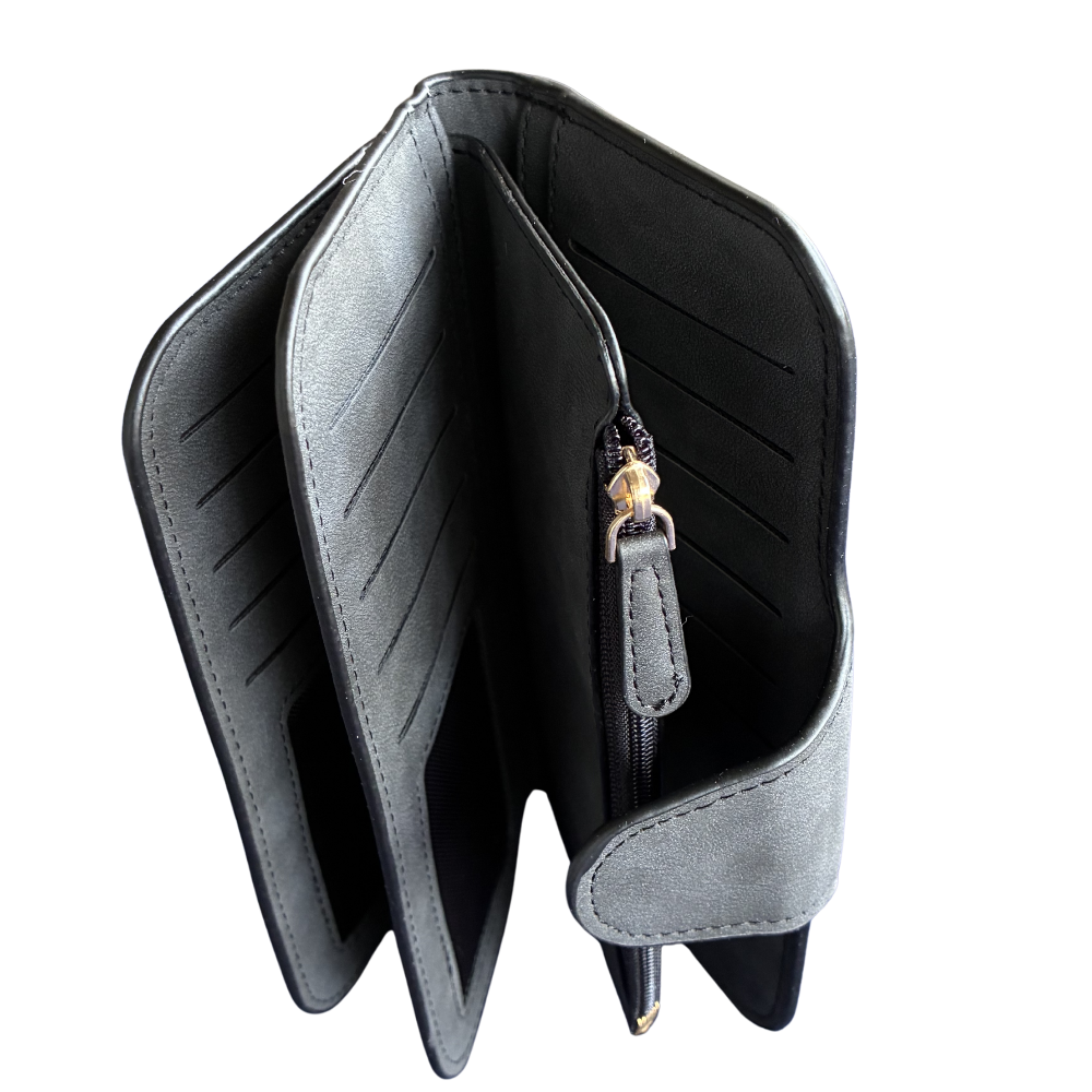 Cotton Road Wallet: Large DARK GREY 4-FOLD PU Leather Wallet with WINDMILL OPEN FOLDED