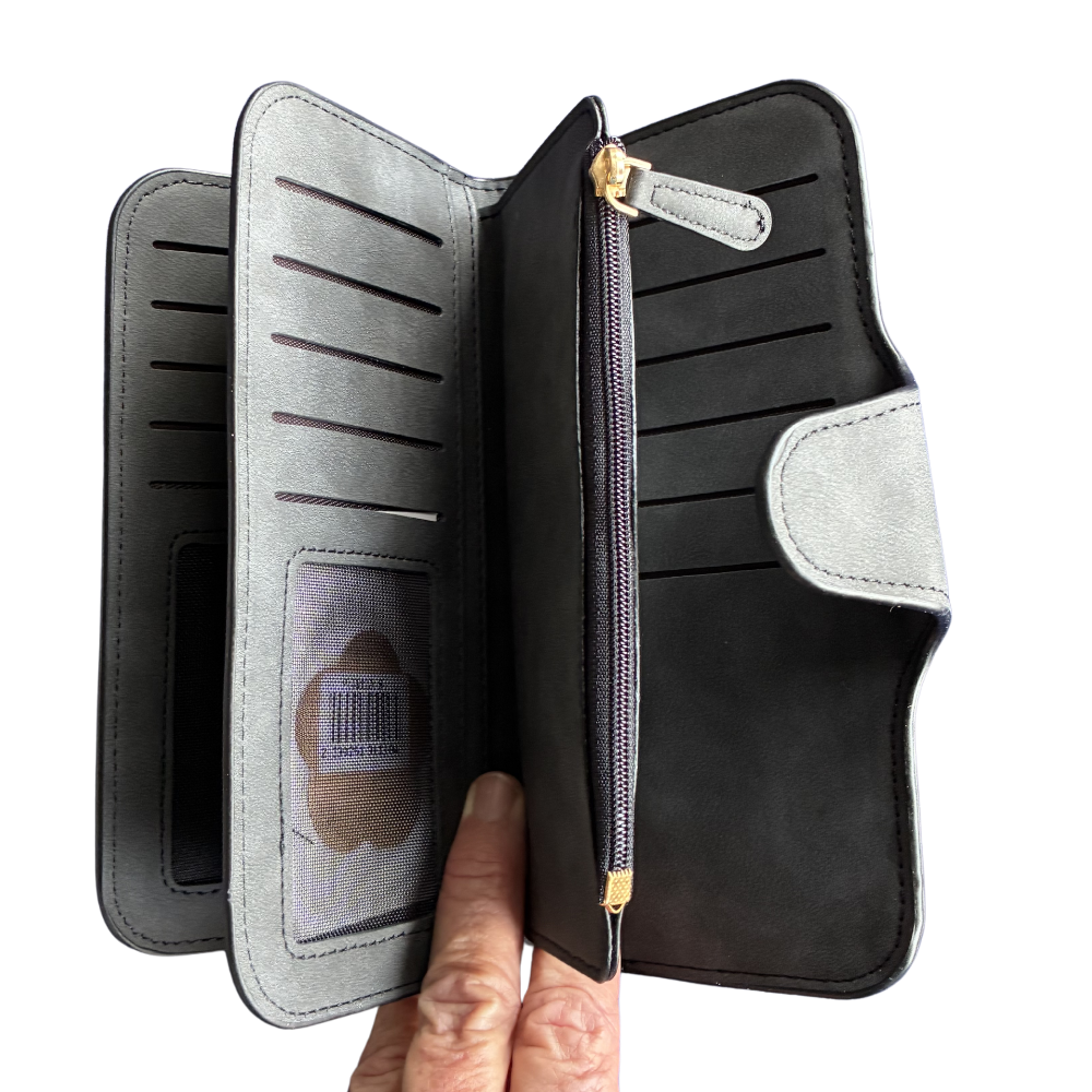 Cotton Road Wallet: Large DARK GREY 4-FOLD PU Leather Wallet with WINDMILL OPEN NOTE POCKET