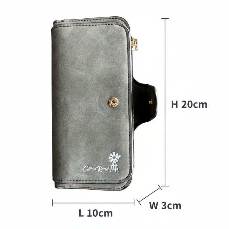 Cotton Road Wallet: Large DARK GREY 4-FOLD PU Leather Wallet with WINDMILL SIZED