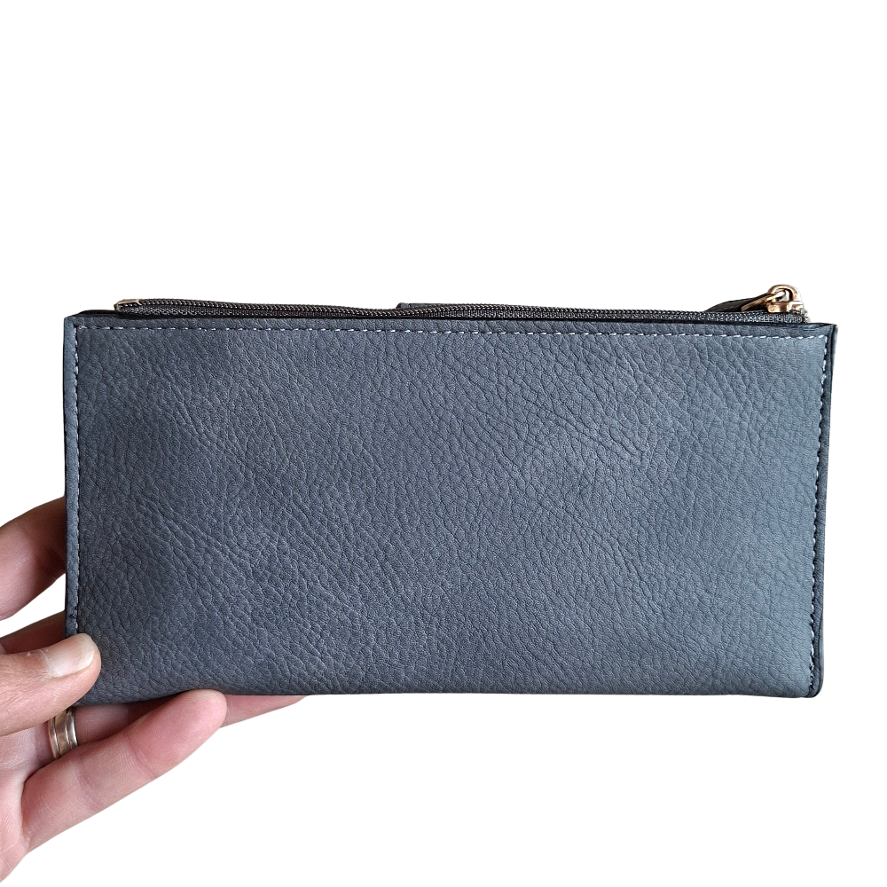Cotton Road Wallet: Large DARK GREY PU Leather 3-Section Organiser with CLIP BACK