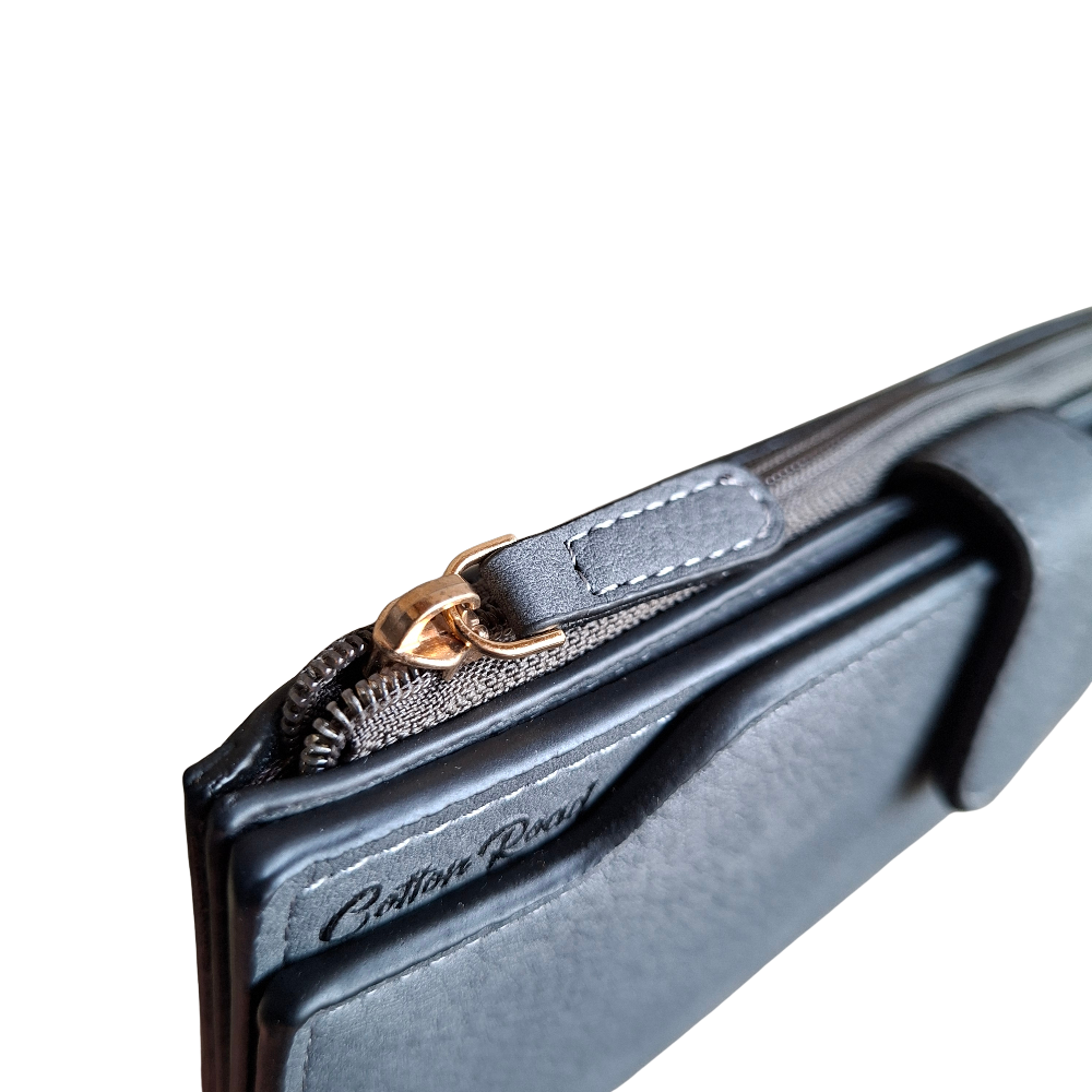 Cotton Road Wallet: Large DARK GREY PU Leather 3-Section Organiser with CLIP TOP CLOSURE