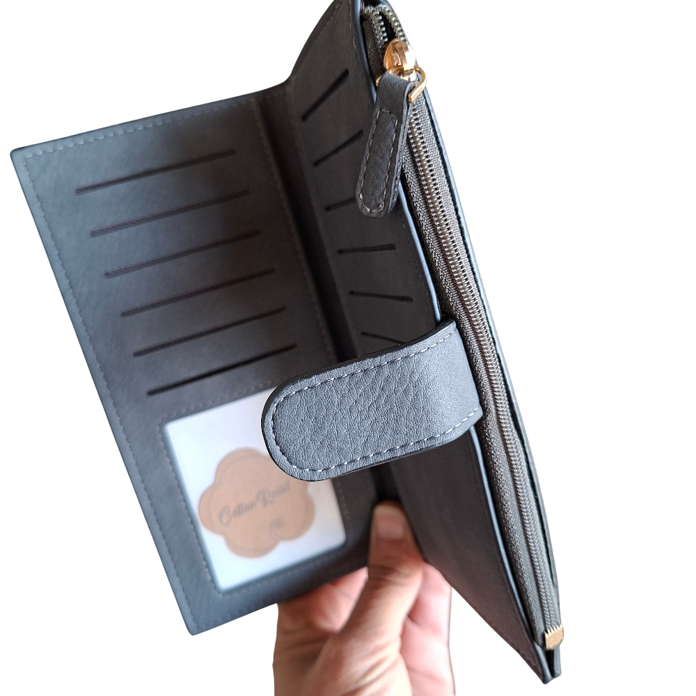 Cotton Road Wallet: Large DARK GREY PU Leather 3-Section Organiser with Clip 2 FOLD VIEW