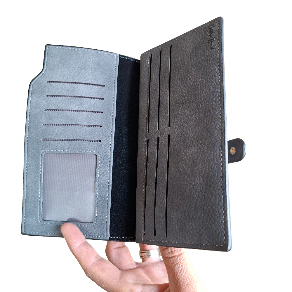 Cotton Road Wallet: Large DARK GREY PU Leather 3-Section Organiser with Clip 3 FOLD VIEW