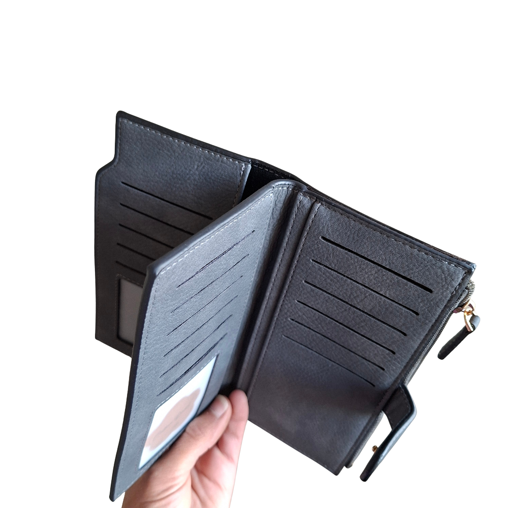 Cotton Road Wallet: Large DARK GREY PU Leather 3-Section Organiser with Clip CARD VIEW