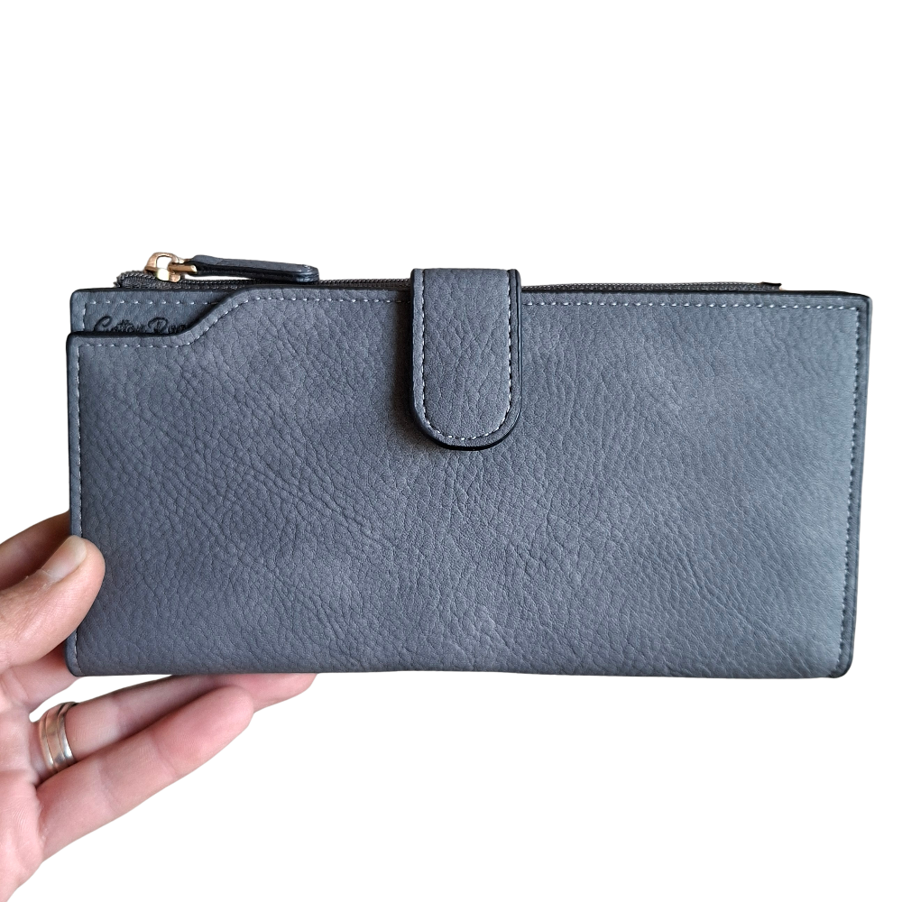 Cotton Road Wallet: Large DARK GREY PU Leather 3-Section Organiser with Clip FRONT