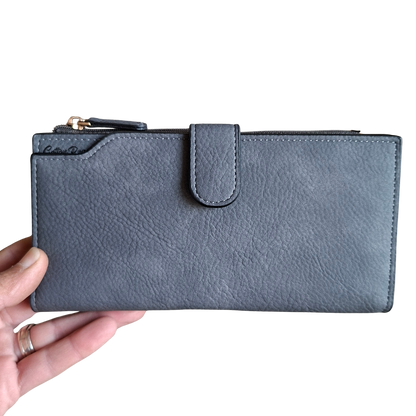 Cotton Road Wallet: Large DARK GREY PU Leather 3-Section Organiser with Clip FRONT