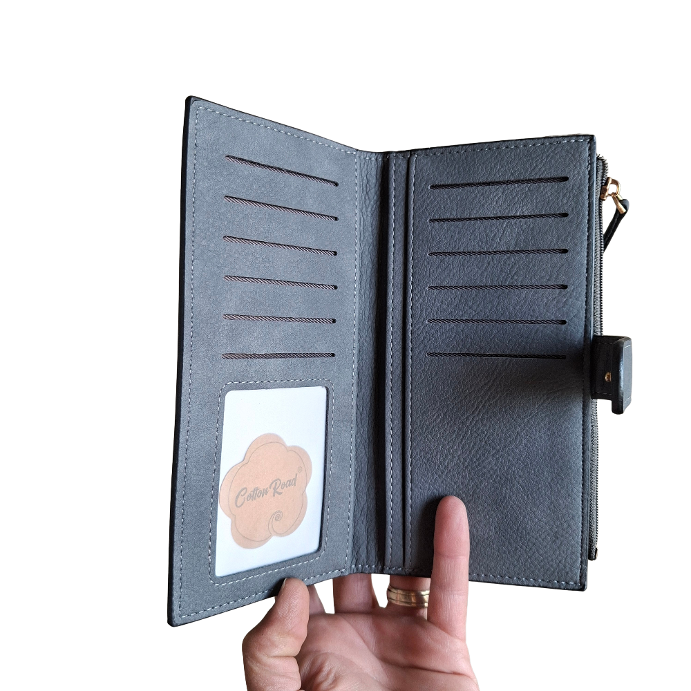 Cotton Road Wallet: Large DARK GREY PU Leather 3-Section Organiser with Clip ID CARD VIEW