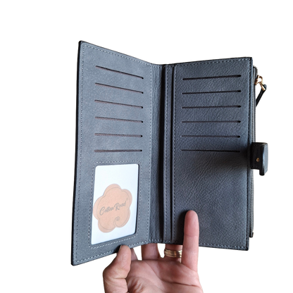 Cotton Road Wallet: Large DARK GREY PU Leather 3-Section Organiser with Clip ID CARD VIEW