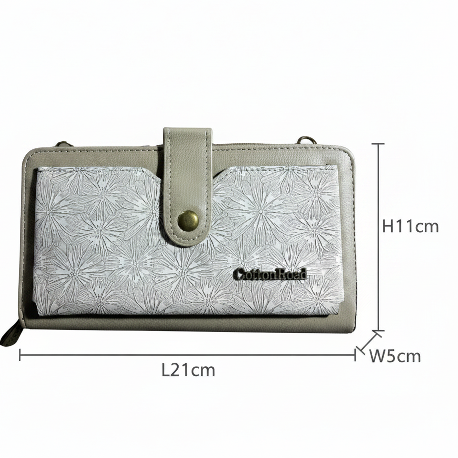 Cotton Road Wallet: Large IVORY PU Leather Cellphone Sling with FLORAL Pocket