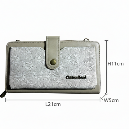 Cotton Road Wallet: Large IVORY PU Leather Cellphone Sling with FLORAL Pocket