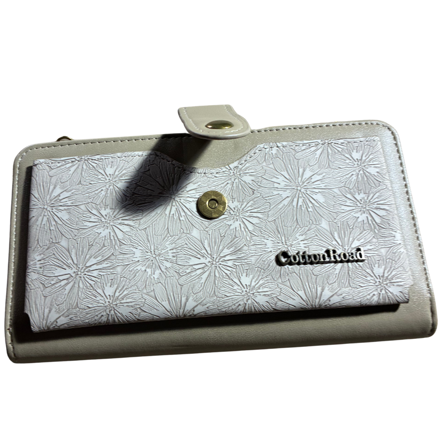Cotton Road Wallet: Large IVORY PU Leather Cellphone Sling with FLORAL Pocket FRONT CLIP OPEN