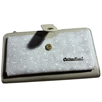 Cotton Road Wallet: Large IVORY PU Leather Cellphone Sling with FLORAL Pocket FRONT CLIP OPEN