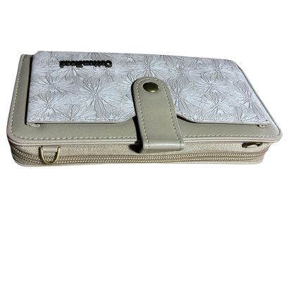 Cotton Road Wallet: Large IVORY PU Leather Cellphone Sling with FLORAL Pocket FRONT CLOSED
